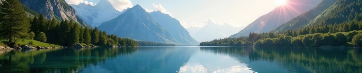 Serene alpine lake, sun-drenched peaks reflecting , travel, trees, clear