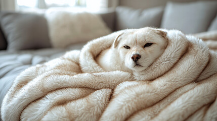 Cozy dog wrapped in soft blanket living room pet photography indoor setting close-up comfort