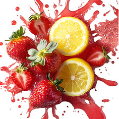 Bunch of Strawberries and Lemons with Splashing Water Isolated on Transparent Background
