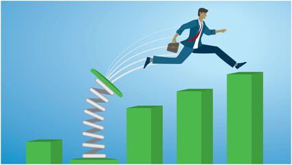 Man jumping to success and higher position. Dimension 16:9. Vector illustration.