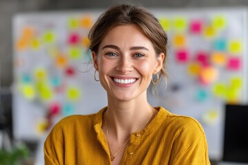 A radiant young woman smiling confidently, showcasing a bright, healthy smile, with a vibrant colorful background representing creative and innovative work environment.