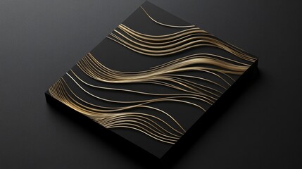 Abstract gold wave pattern on black square.