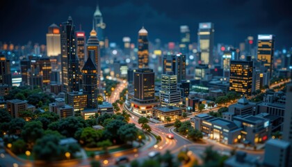 Aerial View of a Futuristic City with Blue Illuminated Buildings Surrounded by Lush Green Parklands	