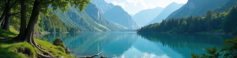 Serene mountain lake nestled amongst ancient trees , nature, pristine