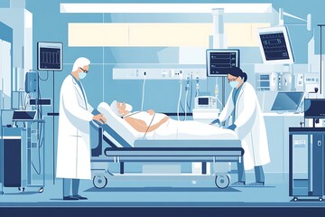 Male and female doctors examine a patient lying on a hospital bed in the ward