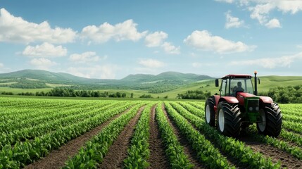 Red Tractor in Lush Green Field Under Sunny Sky