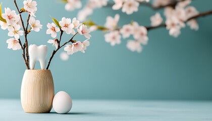 Tooth in vase with blossoms and egg, spring theme