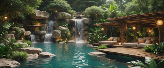 Luxurious spa with waterfalls and lounging area surrounded by lush greenery