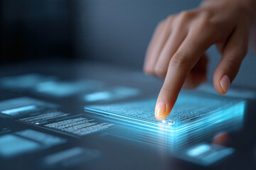 Interactive digital interface using touch, innovative modern technology. User interacting with a glowing display.