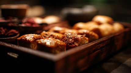 Traditional taiwanese pastries on a wooden tray showcasing rectangular stuffed treats.