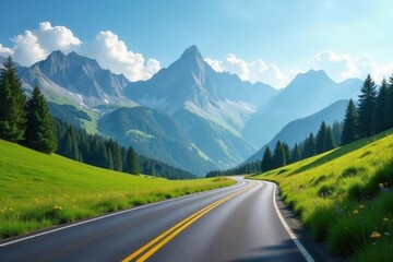 Fototapeta premium Serene peaks, winding asphalt road through alpine meadows, stock photo, wilderness, winding road