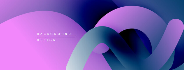 Abstract fluid shapes blend purple, blue hues. Modern design features smooth gradients, dynamic curves, text overlay. Minimalist aesthetic.