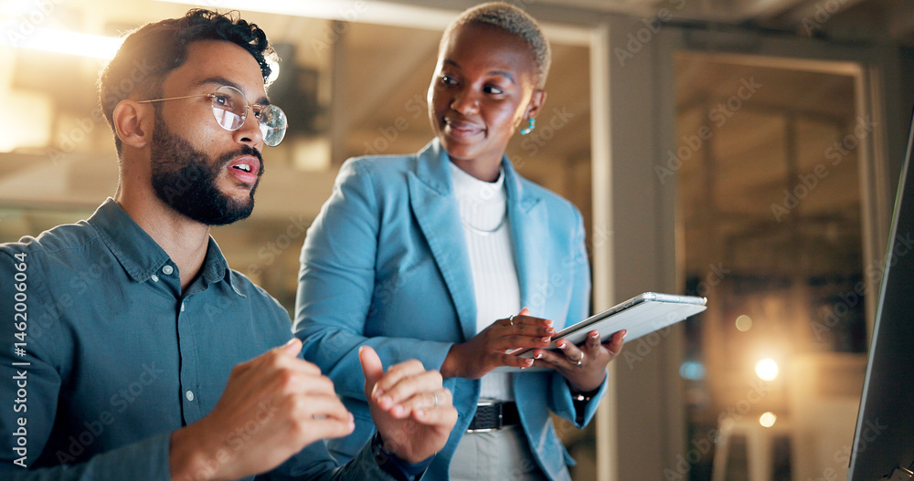 Poster conversation, night and tablet with business people in office together for development or planning. 