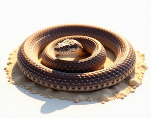 Fototapeta premium Coiled Snake on Sand - Close-up of a Brown Snake in the Sun