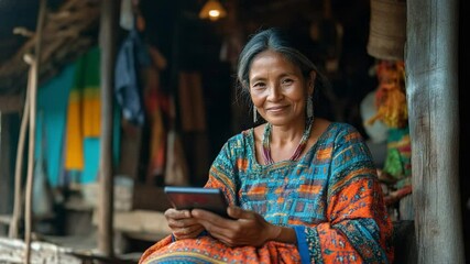 A portrait of a wise indigenous woman in a vibrant traditional outfit, warmly illuminated by natural light as she holds and interacts with a tablet. - Powered by Adobe