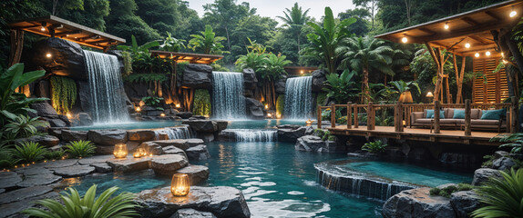 Luxurious spa with waterfalls wooden decks and tropical plants relaxation scene