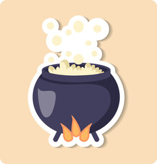 Cartoon style illustration of a magic potion boiling in a cast iron cauldron on fire