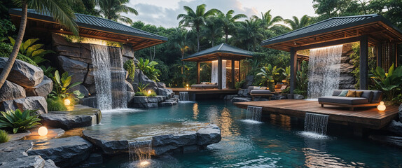 Luxurious spa retreat with waterfalls gazebos and tranquil tropical landscape