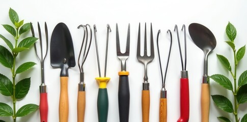 Set of assorted gardening hand tools on white , summer, grip