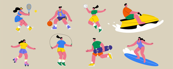 Set of people doing summer sports &ndash; Flat vector illustration of active men and women playing tennis, basketball, surfing, roller skating, jet skiing, volleyball, jump rope, skateboarding