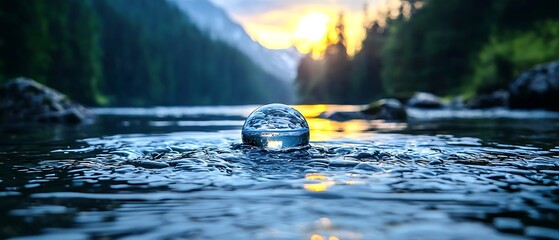 Crystal orb nestled in a tranquil river at sunset