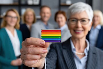 A smiling senior woman proudly displays a rainbow LGBTQ pride flag pin in the workplace, surrounded by diverse colleagues showing support and solidarity.