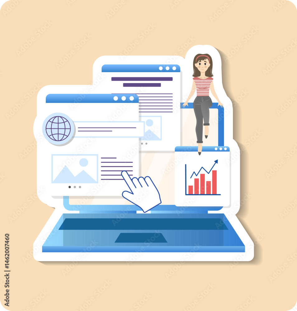 Poster project manager woman sitting on laptop managing web design project using computer software