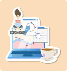 Graphic designer working on laptop using graphic design software with a cup of tea
