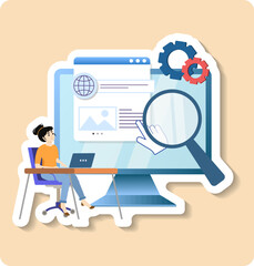 Woman working on website analysis using big data magnifying glass