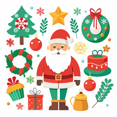 a vibrant collection of Christmas-themed illustrations, from jolly Santas to twinkling ornaments on white  background
