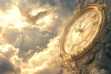 A massive golden clock suspended in a stormy sky, illuminated by dramatic light, symbolizing urgency and the end times.

