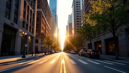 Obraz premium Sunlit urban street, skyscrapers casting shadows , architecture, buildings