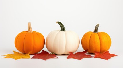leaves pumpkins on white