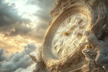 A massive golden clock suspended in a stormy sky, illuminated by dramatic light, symbolizing urgency and the end times.

