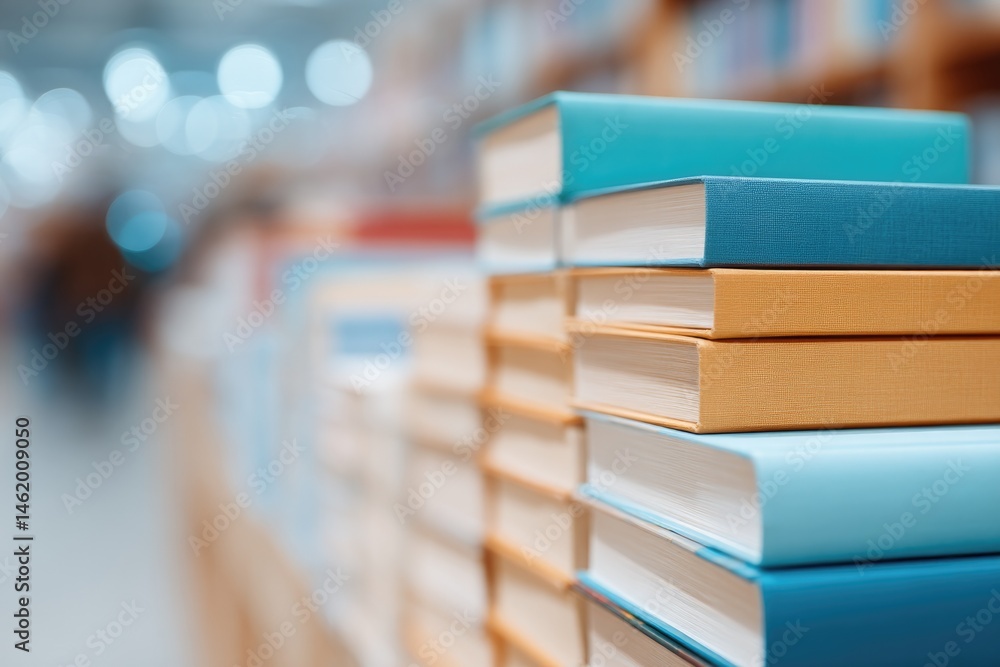 Poster well-lit bookstore with rows of assorted books featuring ample copy space for text and blurred backg