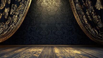 Dark elegant stage with gold patterned curtains and wooden floor.