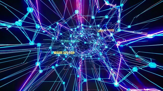 Neural structure explodes in data light. Digital brain activity expands in network. Technology lines shape cyber intelligence. Neural web pulses with data. AI network lights digital intelligence.