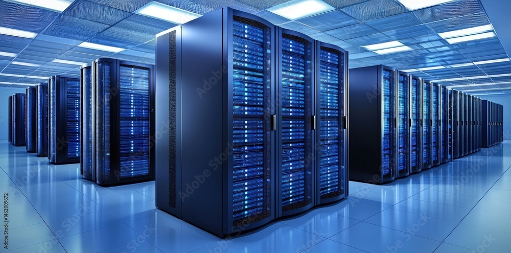 Poster Large data center room with rows of high performance servers under bright lights, great for illustrating cloud computing, IT security, and storage networks