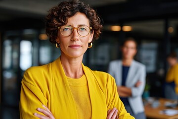 Confident businesswoman in yellow blazer with glasses stands in modern office, with her team members visible in the blurry background, looking directly at the camera.