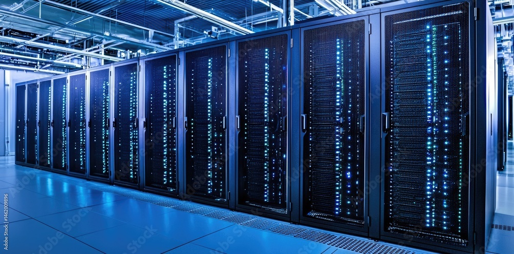 Poster Row of server cabinets with blinking lights in a tech facility, used for high speed computing, cloud services, and secure network hosting designs