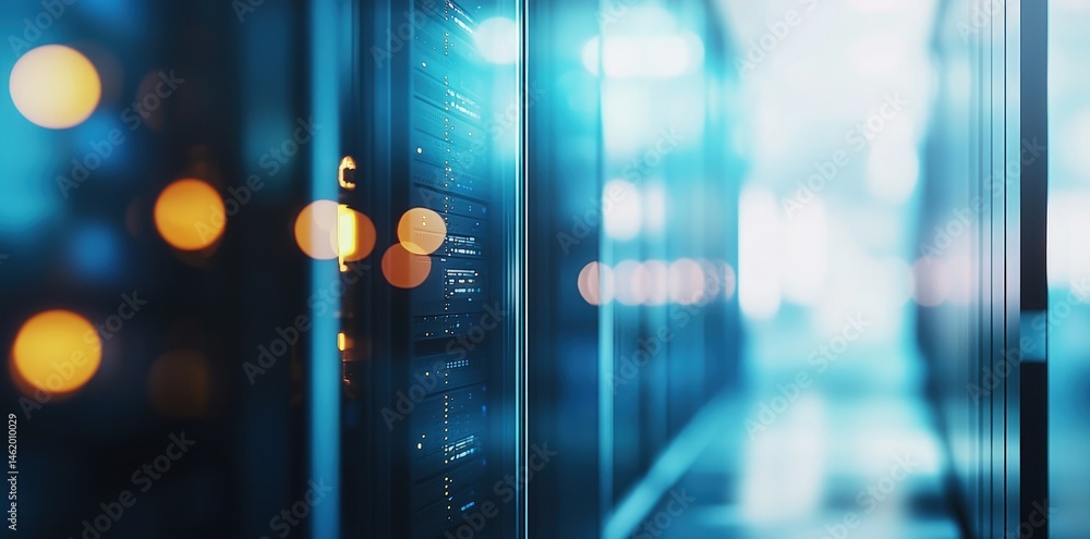 Aufkleber Blurred tech hallway showing server racks and glowing bokeh lights, great for illustrating futuristic computing, secure systems, and digital infrastructure