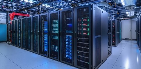 Colorful and intricate data center interior with glowing indicators and cable management, suited for IT brochures, cloud platforms, and tech service ads