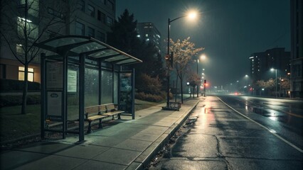 Urban melancholy a deserted bus stop bench at night under a flickering streetlight on wet pavement