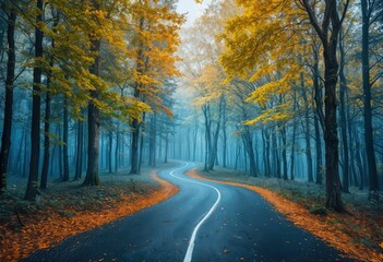 Obraz premium a winding road cuts through a vibrant autumn forest enveloped in a cool, ethereal mist.