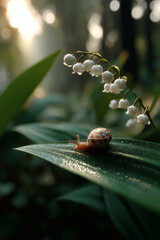 Snail's Journey: A tiny traveler rests on a lily pad bathed in sunlight, nature's delicate balance