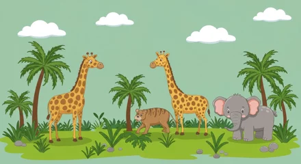 Adorable safari animals in a lush green landscape a perfect jungle scene for kids