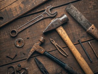 Scattered old rusty hand tools on a wooden workshop table gritty textured flat lay composition