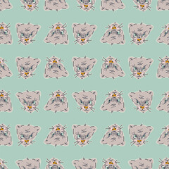 Stylish seamless pattern with muzzles of cats. Vector blue print, design, background