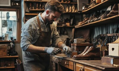 A skilled artisan repairs leather shoes in a vintage workshop.