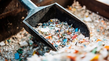 Scoop filled with colorful granulated plastic waste, symbolizing plastic recycling, sustainable materials, circular economy, polymer reuse, waste management and environmental protection in industry